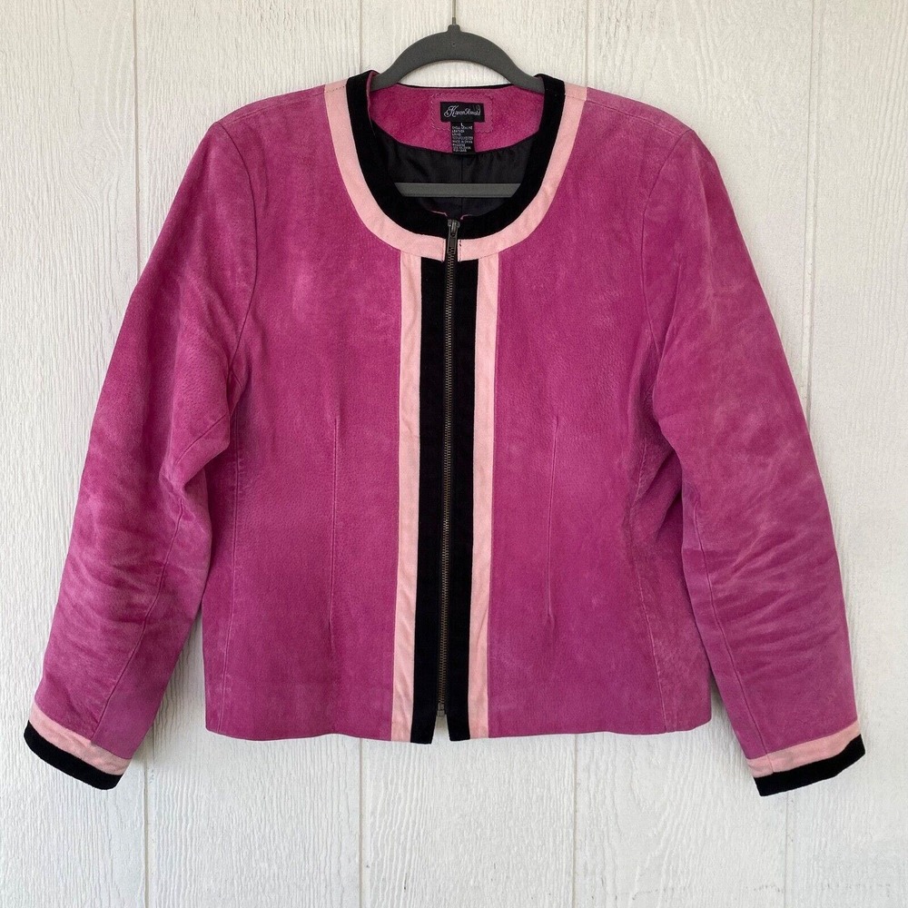 Karen Arnold Womens Size L Bright Pink Suede Leather‎ Full Zip Jacket Black Trim